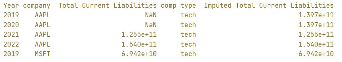 This image shows the top rows of a cash flow statement where some of the entries in the column total liabilities has missing values. It has another column called imputed total current liabilities where the missing values are imputed.