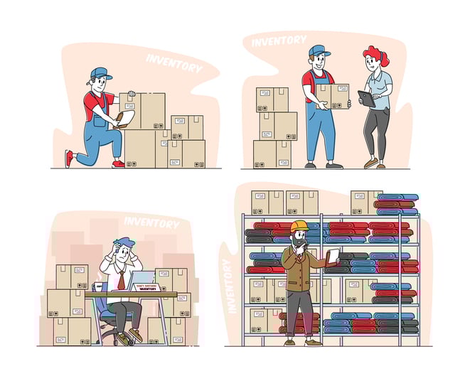 Cartoon image of a an employee dealing withe the storage, delivery, and analysis of inventory.