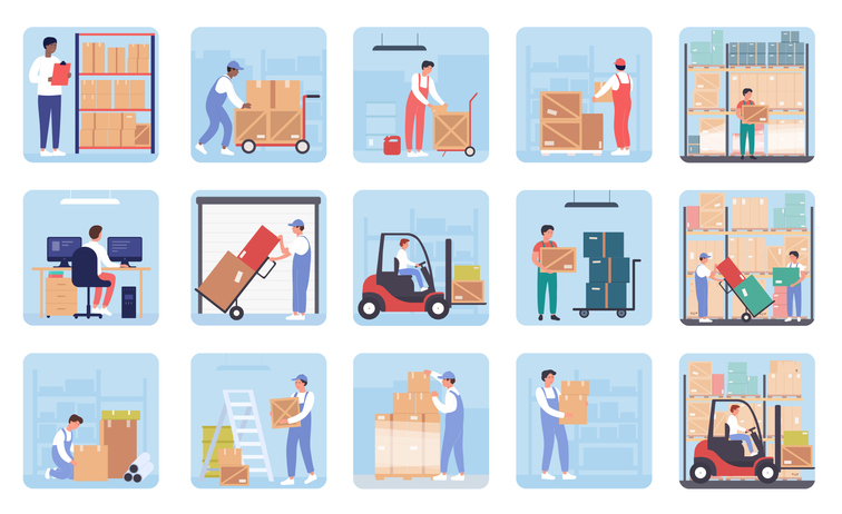 Cartoon images of different elements involved in the storage and transportation of inventory.