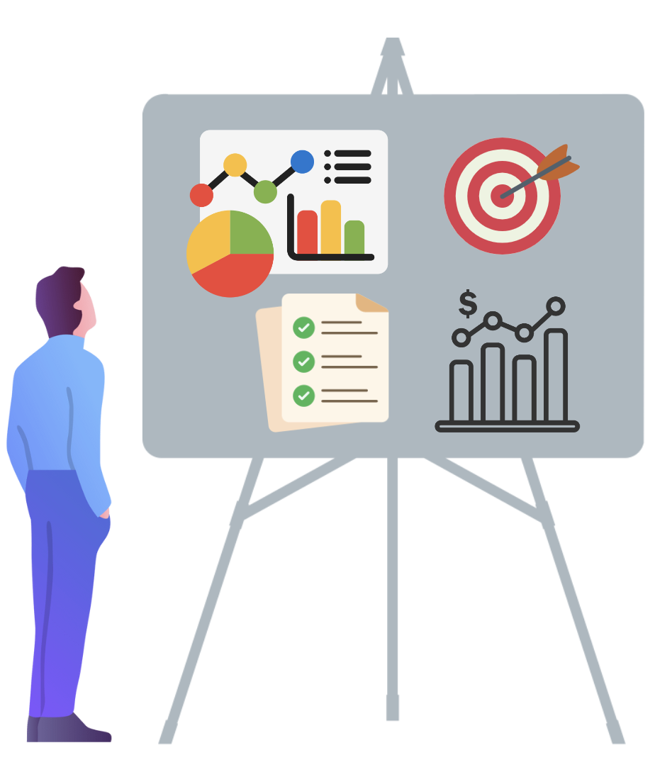Person looking at a whiteboard with graphs and goals.
