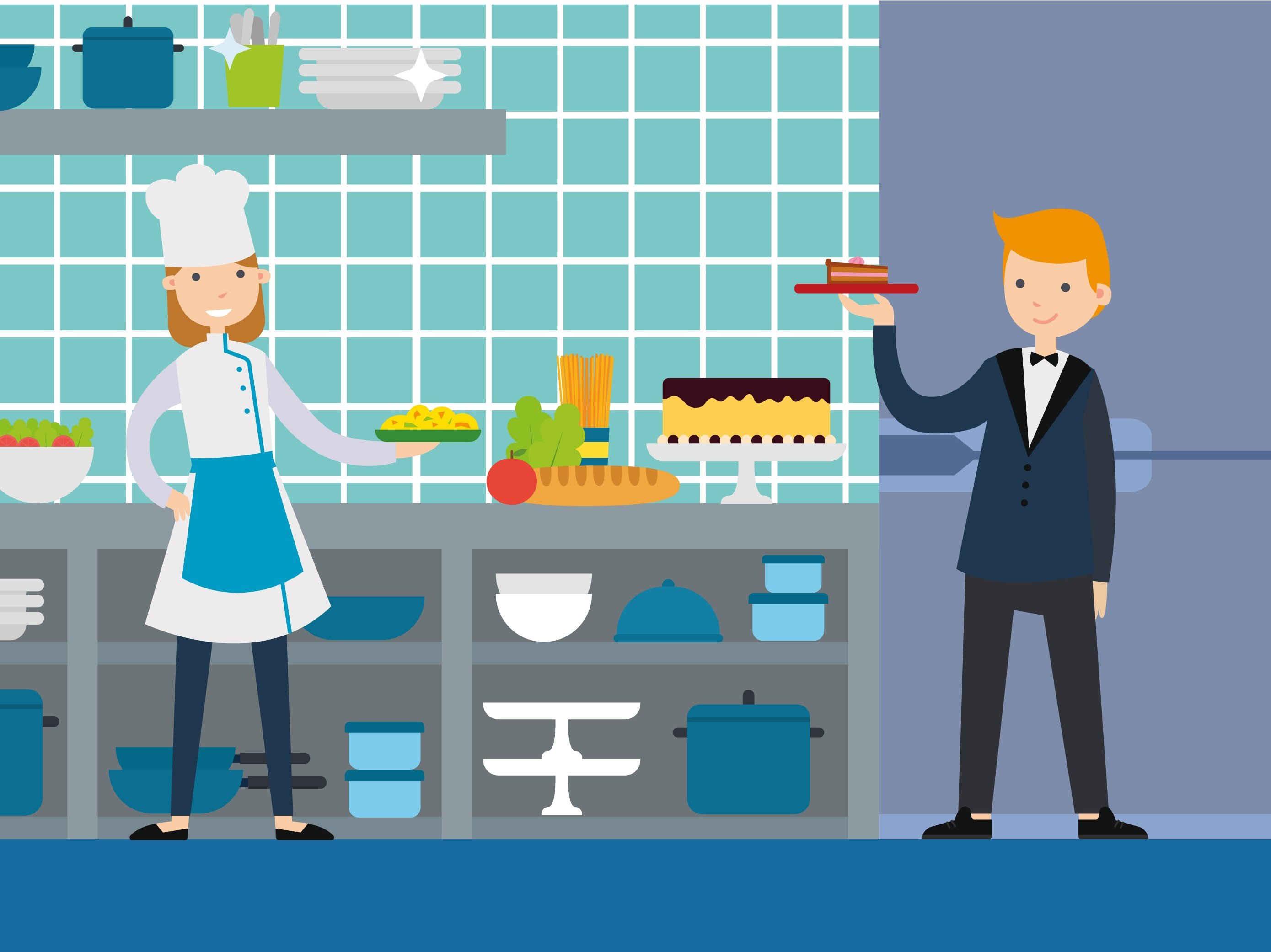 The waiter passes down the order to the kitchen and brings the food to us.
