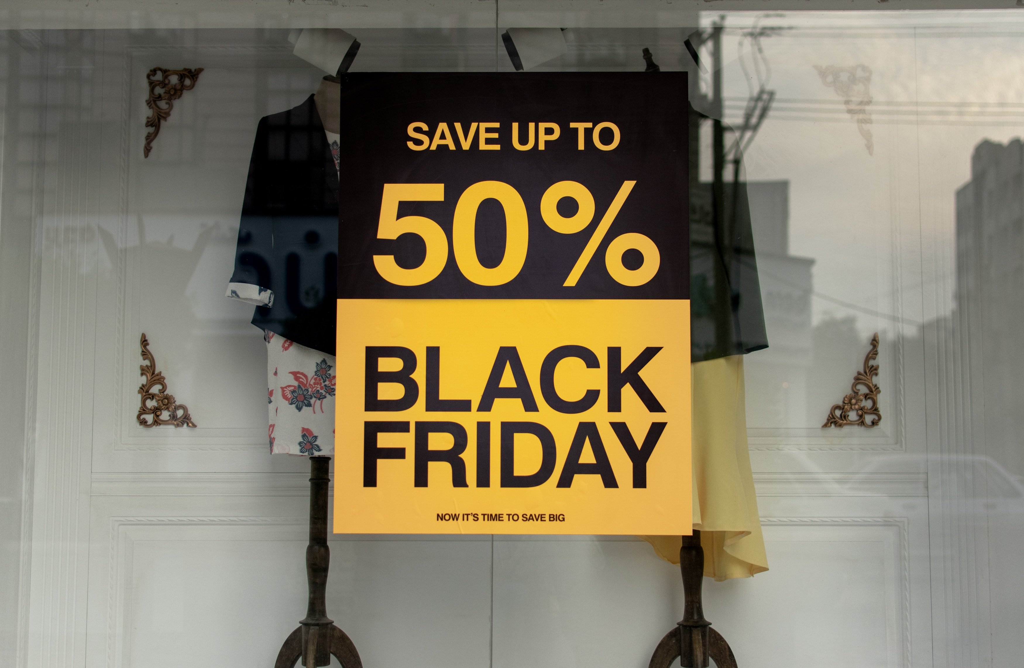 Image shows poster with 50% of sales during Black Friday.