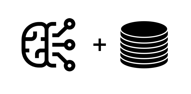 The image shows a digital brain, representing a machine learning model, and a plus sign connected to a database, indicating the process of retraining the model with more data.