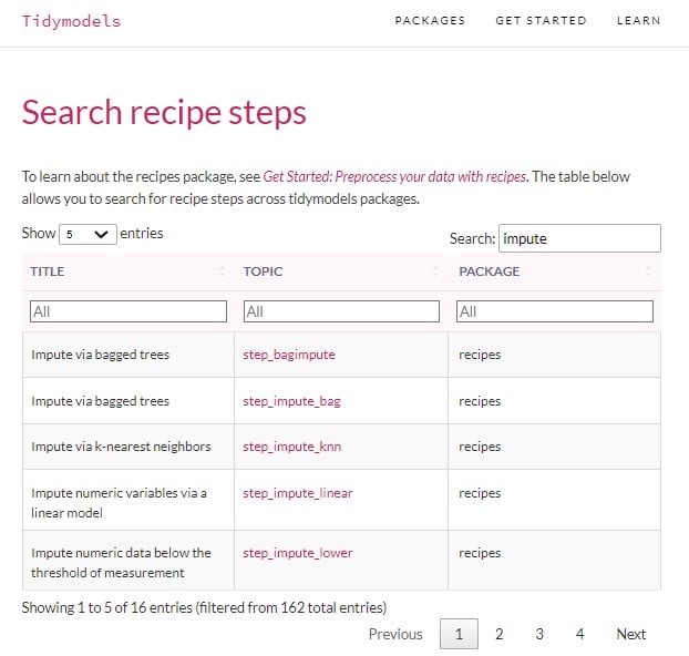 Search recipe tool within the tidymodels documentation.