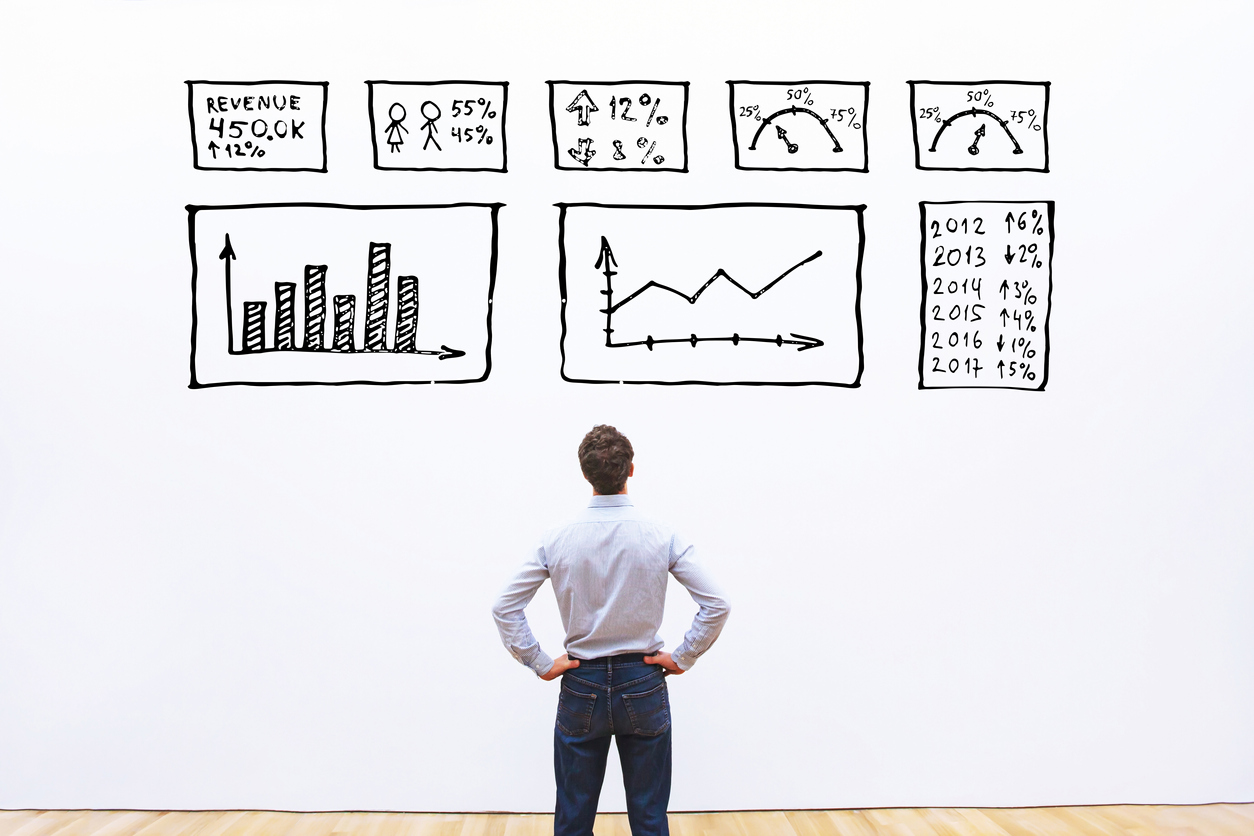 Individual looking at multiple charts regrading data analyses.