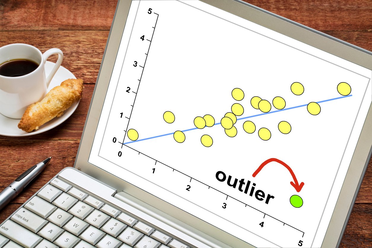 Image of a positive correlation on a computer with a data point away from the linear correlation at the bottom right labeled as an outlier.