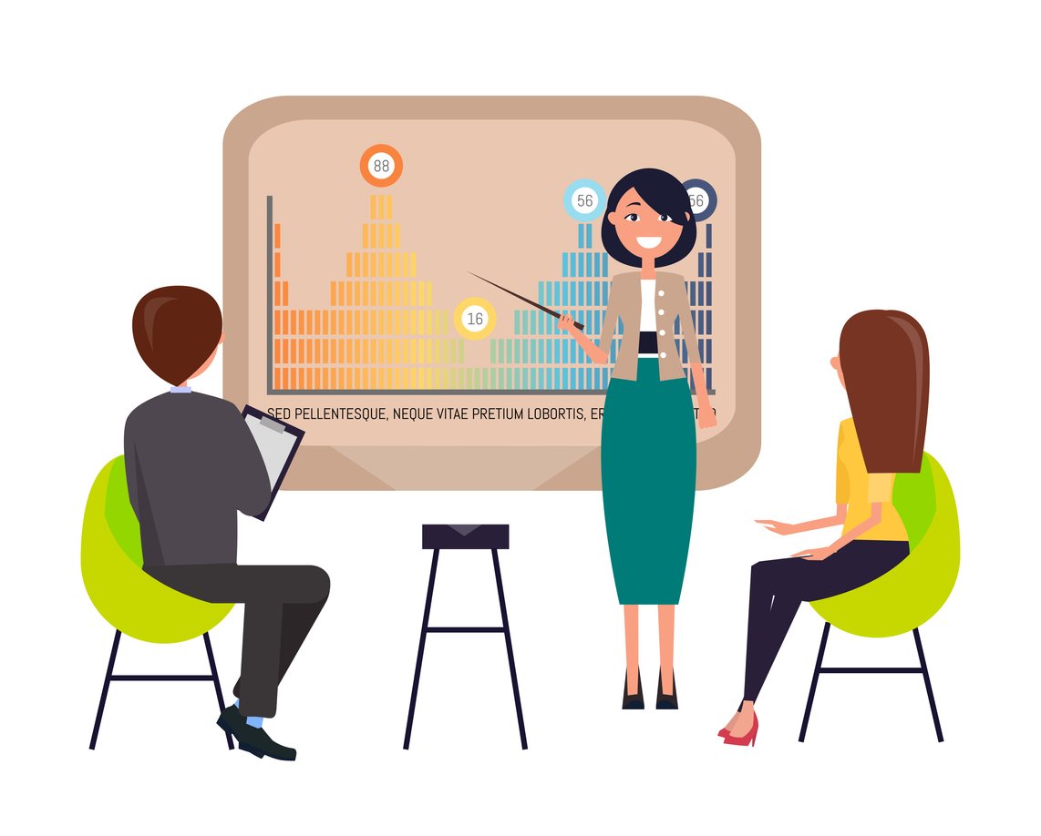 Stock image of data results being presented to two individuals.