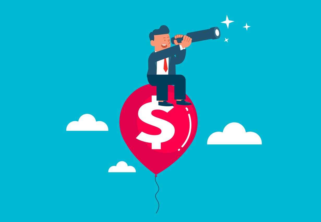 A man holding binoculars sitting on a balloon with a dollar sign on it searching for profit.