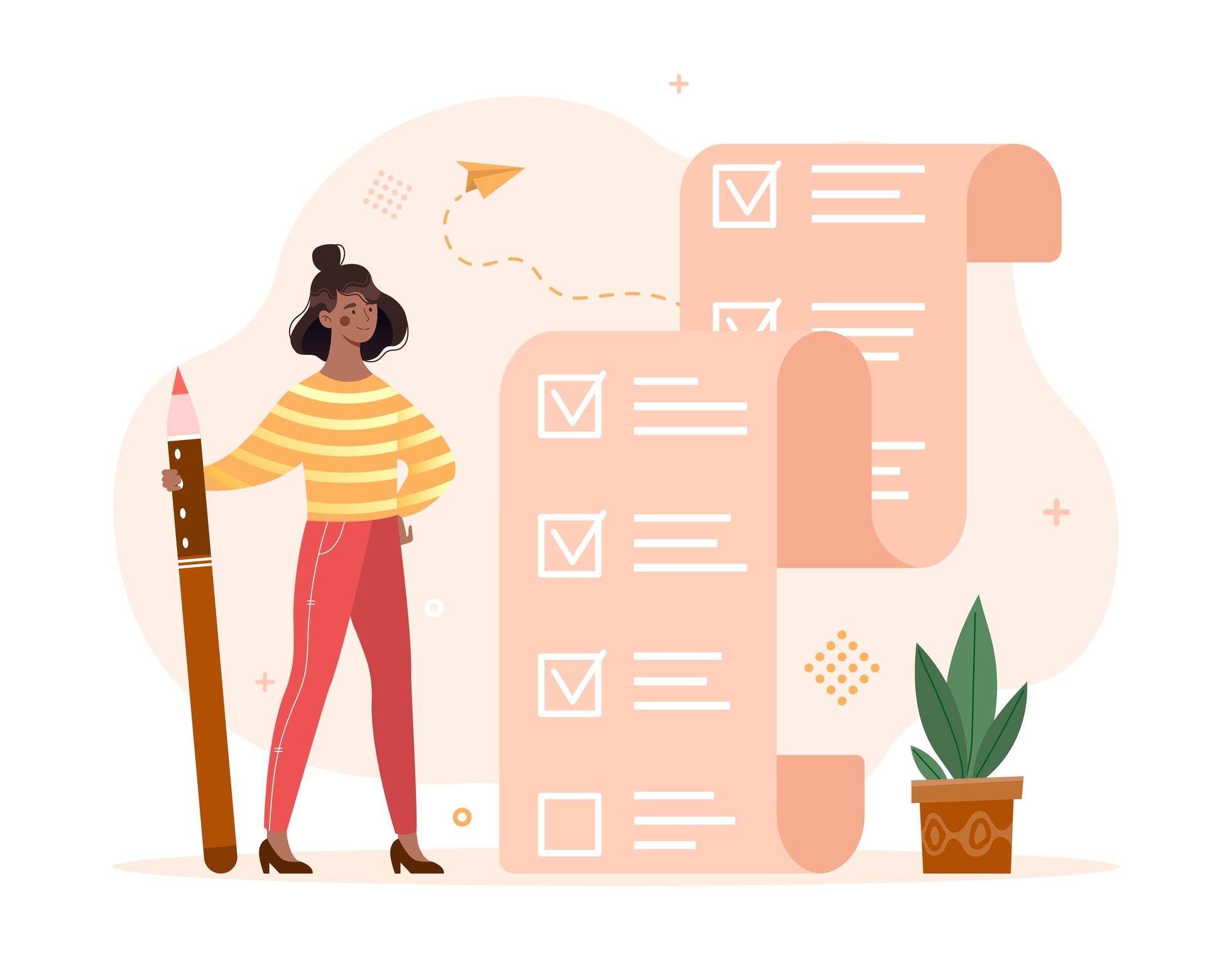 Person with pencil stands next to large to do list