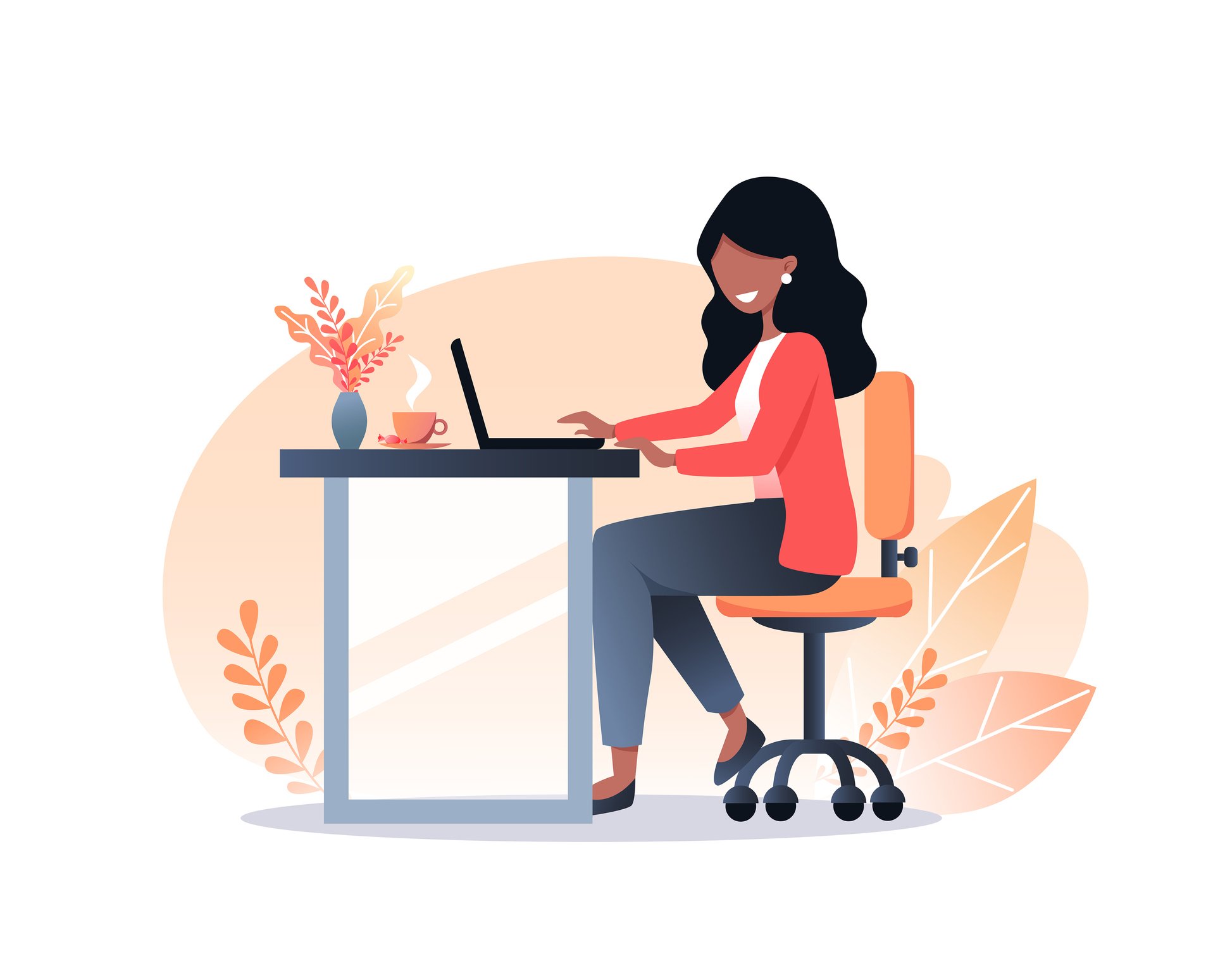 A young woman with dark hair works on a laptop