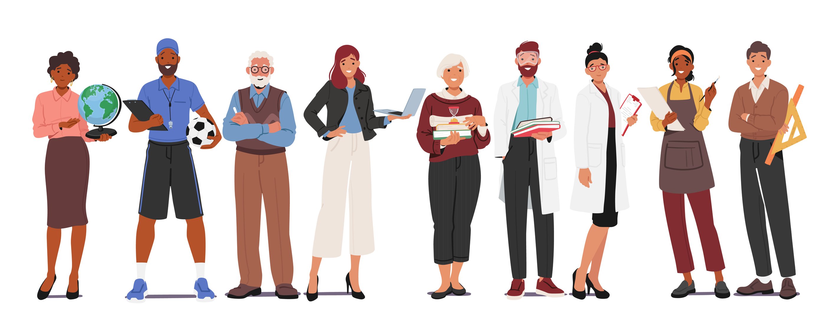 People standing in a row each representing a different profession