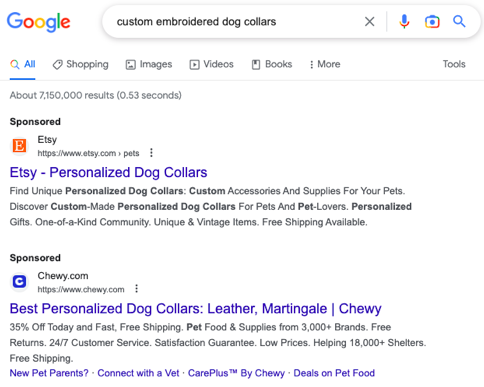 Google search results for "custom embroidered dog collars"