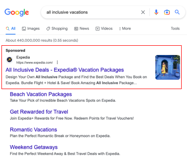 Google search results "all inclusive vacations" with sponsored results boxed