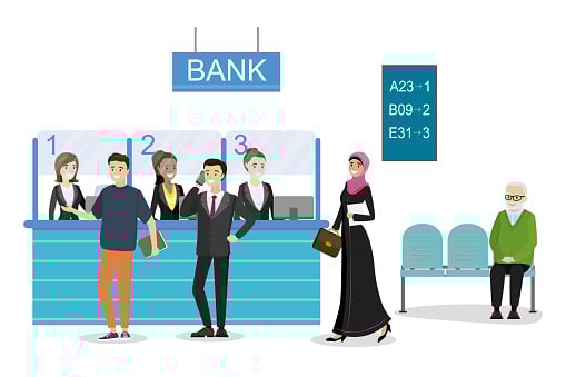 Three tellers attend to customers at a bank, while some customers wait for their turn.