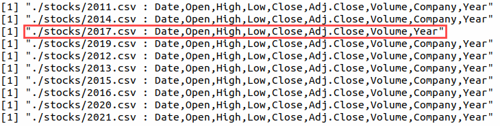 A text shows CSV file paths, and the corresponding column names. The file path for 2017 data  is hight-lighted and is missing the a column called "Company".