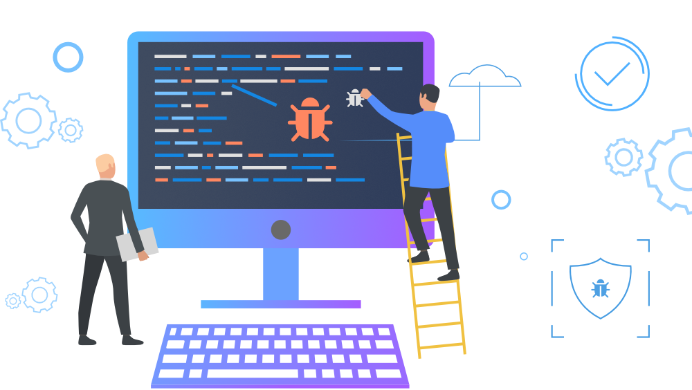 Programmers spot a bug in code on a computer screen and try to remove it.