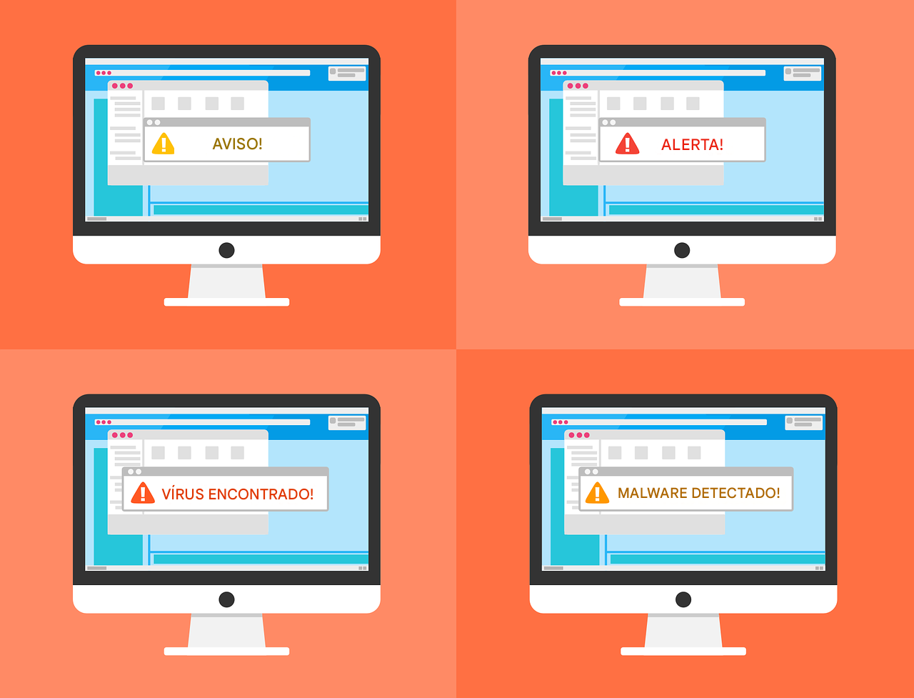 Ilustração de uma violação de segurança com quatro computadores com vários sinais de alarme, como aviso, alerta, vírus encontrado, malware detectado.