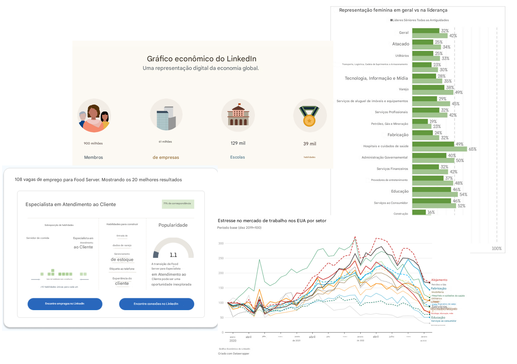 Colagem dos vários recursos do projeto gráfico econômico do LinkedIn