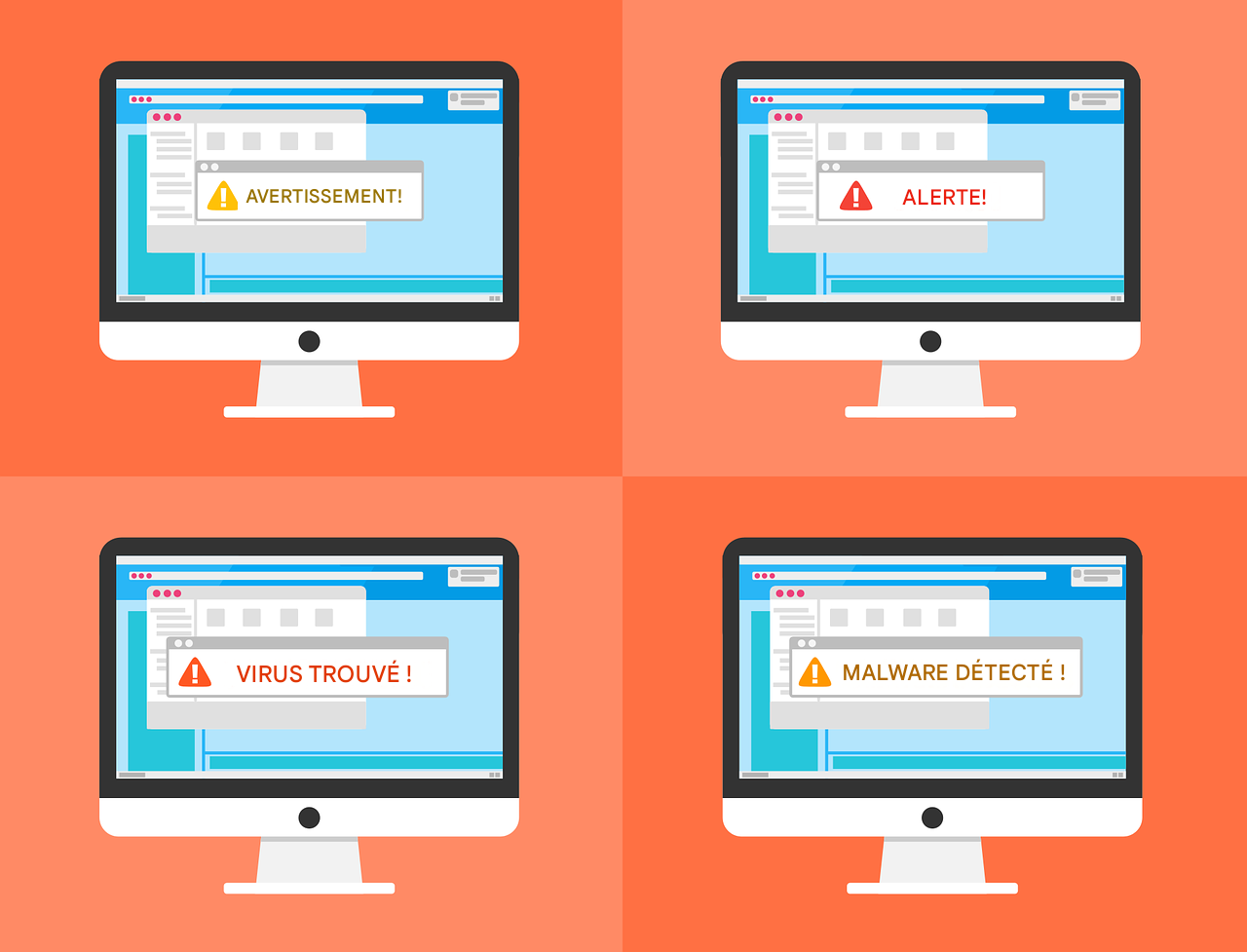 Illustration d’une faille de sécurité sur quatre ordinateurs avec différents signes d’alarme : avertissement, alerte, virus trouvé, logiciel malveillant détecté.