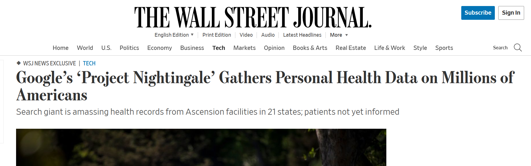 Captura de pantalla del reportaje de WSJ sobre el Proyecto Nightingale de Google