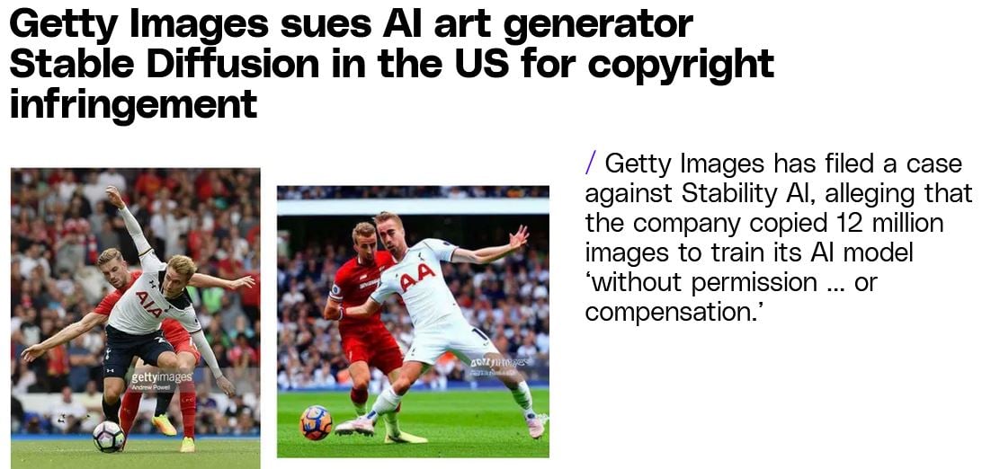 Una ilustración de la demanda de Getty Images, que muestra una fotografía original y una imagen similar (completa con la marca de agua de Getty Images) generada por Stable Diffusion. Imagen: Getty Images
