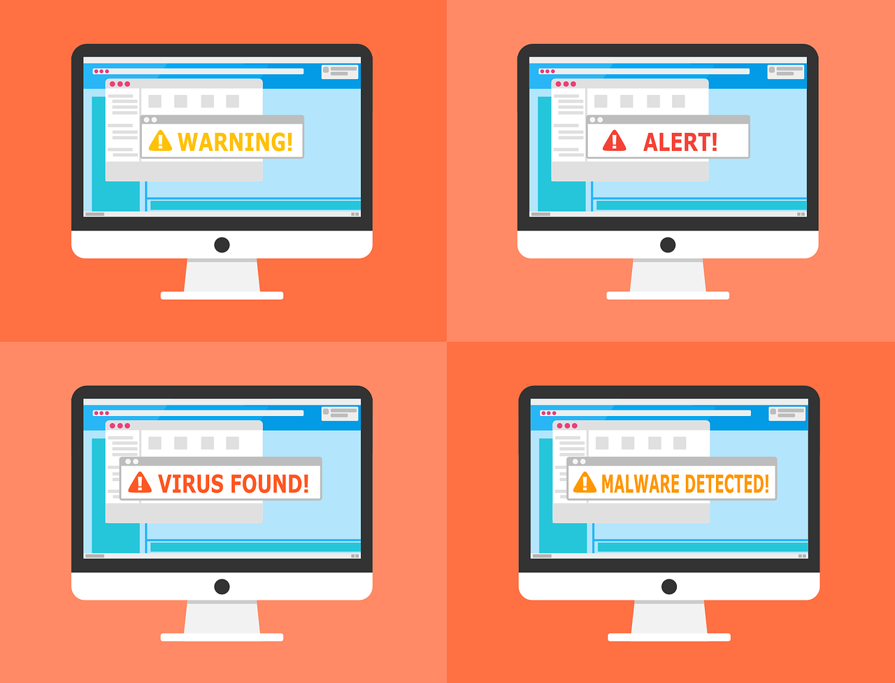 Illustration of a security breach with four computers with various alarm signs like warning, alert, virus found, malware detected.
