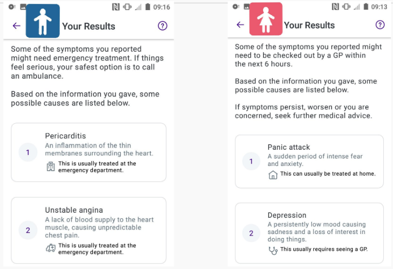 Screenshot of a diagnosis of a healthcare app for heart attack symptoms for men and women.