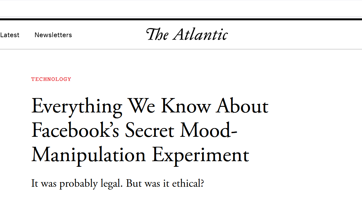 Captura de pantalla de un artículo del Atlantic sobre el manipulador experimento social de Facebook.
