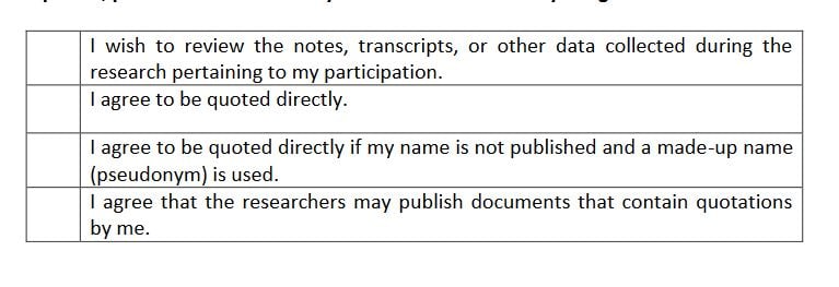 Screenshot of a consent form with various choices on direct quotes.