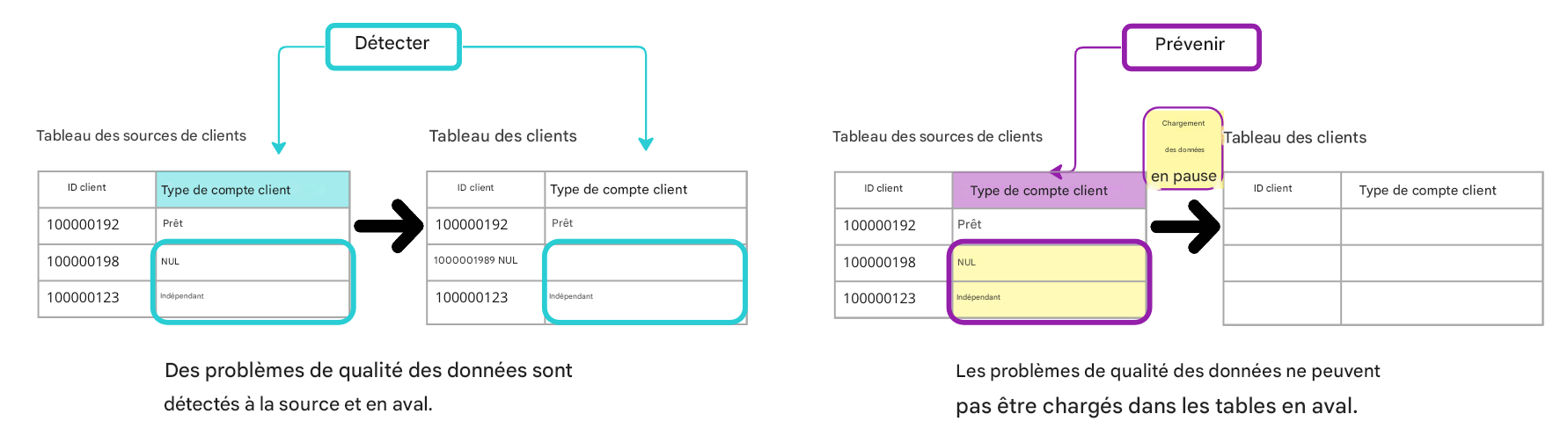 diagramme illustrant la différence entre les règles de qualité des données de détection et préventives