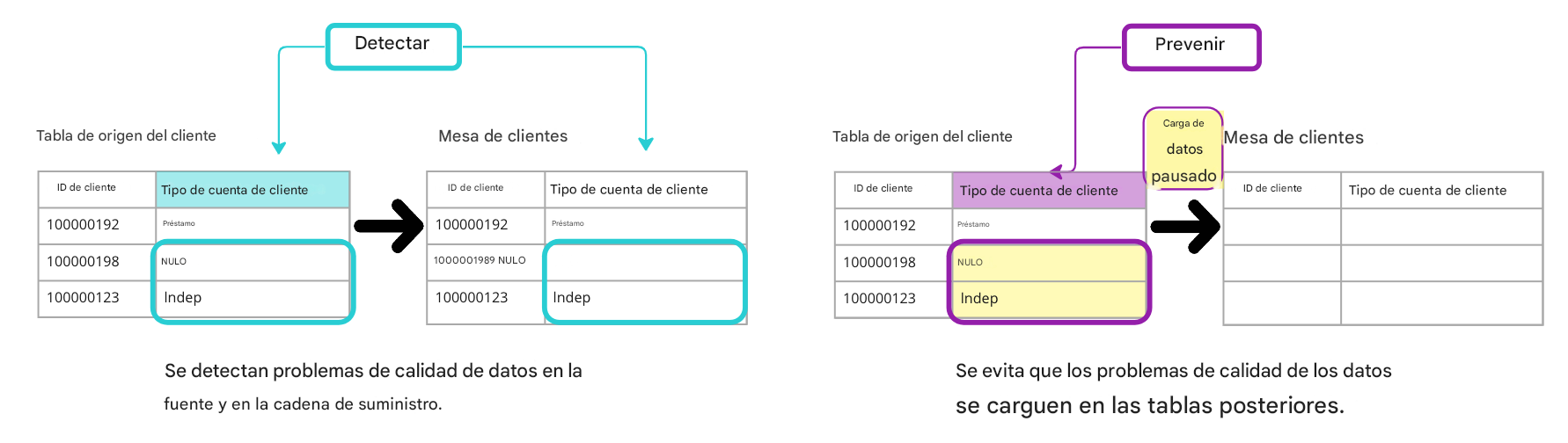 diagrama que muestra la diferencia entre las normas de calidad de datos de detección y de prevención