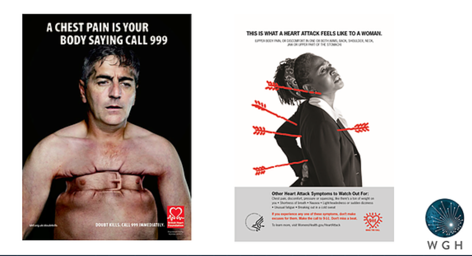 Illsutration of the different symptoms of a heart attack for a man with chest constriction and a woman with back pain.