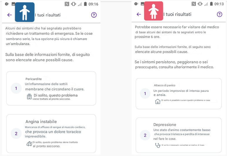 Screenshot di una diagnosi di un'app sanitaria per i sintomi di infarto per uomini e donne.