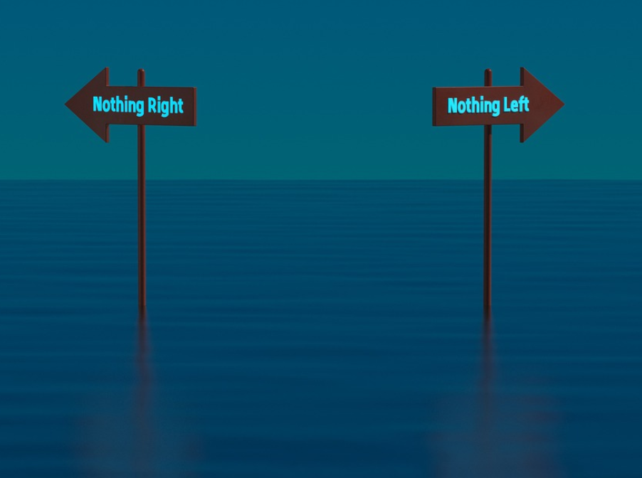 Illustration of two opposing sign boards in an ocean representing the complexity of ethical decision making, no attribution required.