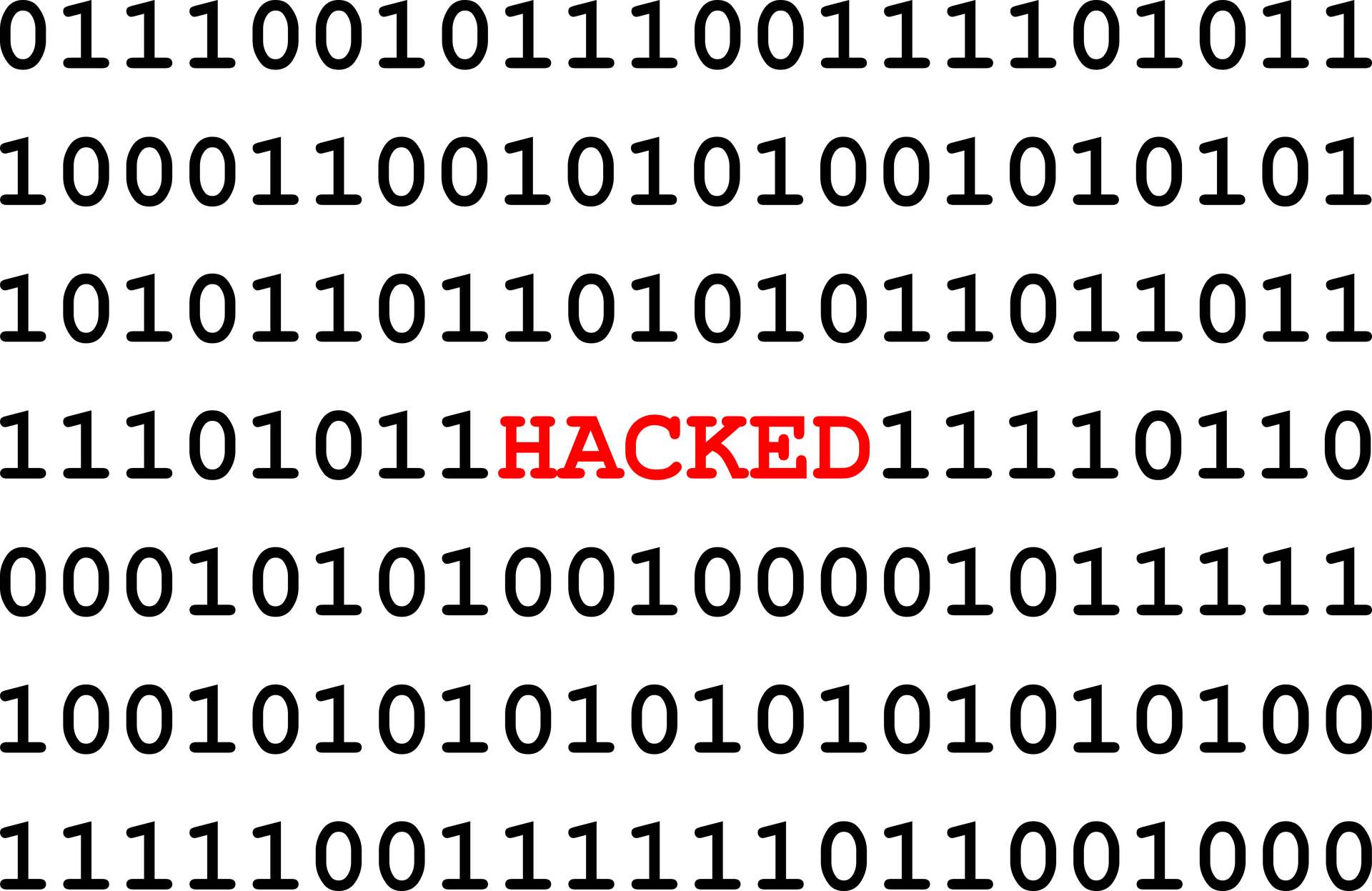 Una mezcla de unos y ceros con la palabra HACKED escrita en el centro en negrita roja.