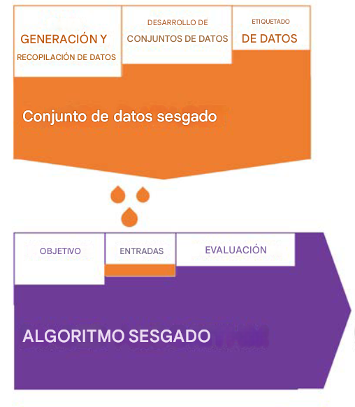 Ilustración de los sesgos de los datos en diferentes etapas del ciclo de vida de los datos que alimentan los algoritmos sesgados