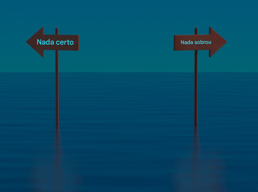 Ilustração de duas placas de sinalização opostas em um oceano representando a complexidade da tomada de decisões éticas, sem necessidade de atribuição