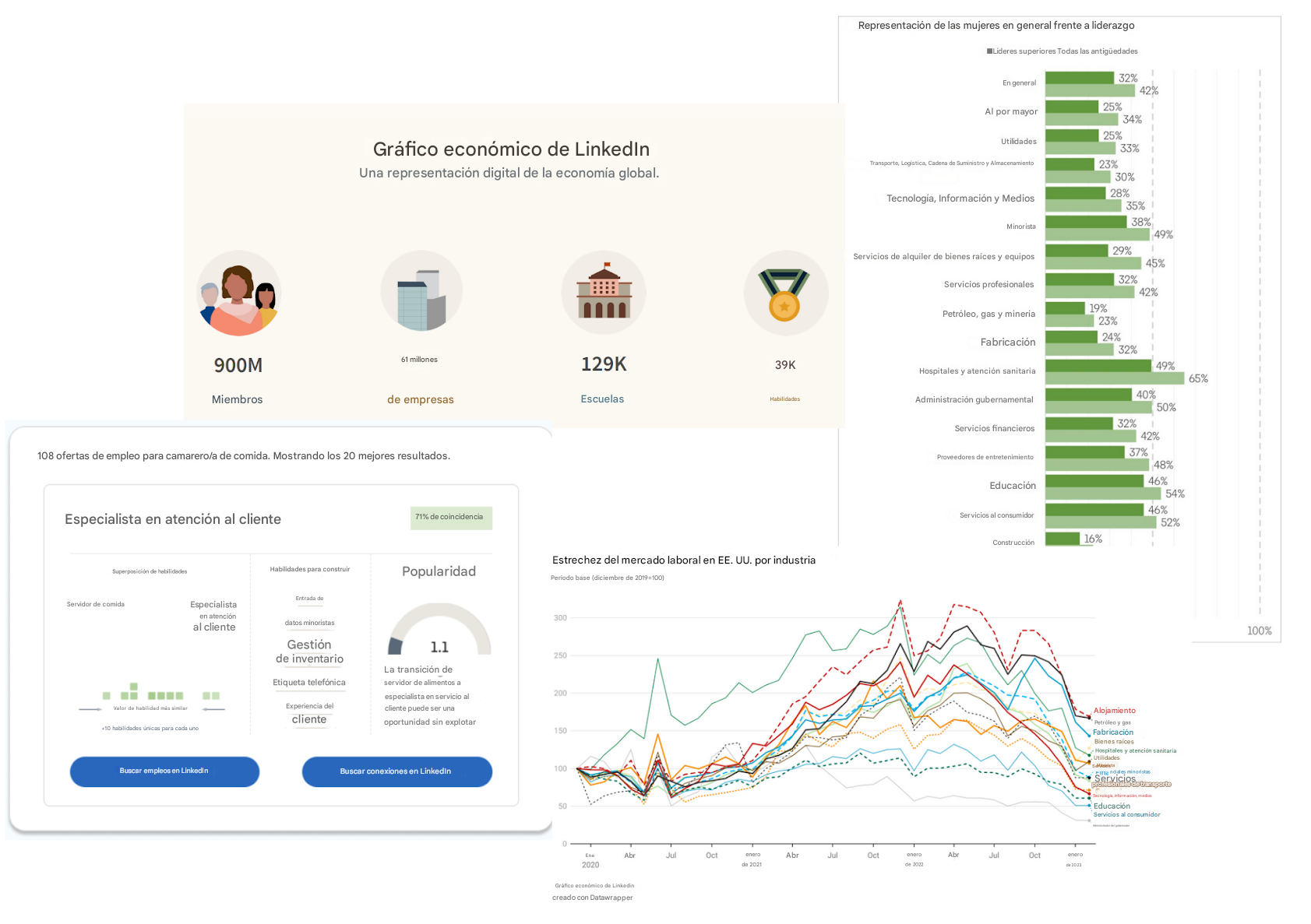 Collage de las distintas características del proyecto gráfico económico de LinkedIn.
