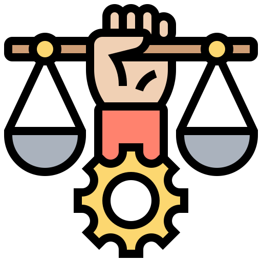 Ilustración de una mano que equilibra una balanza dentro de un engranaje que representa un proceso empresarial.