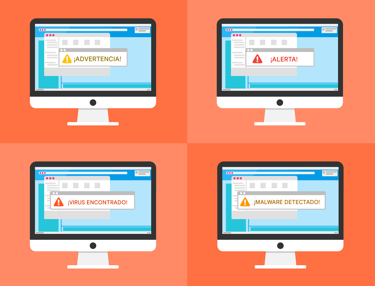 Ilustración de una brecha de seguridad con cuatro ordenadores con varias señales de alarma como aviso, alerta, virus encontrado, malware detectado.