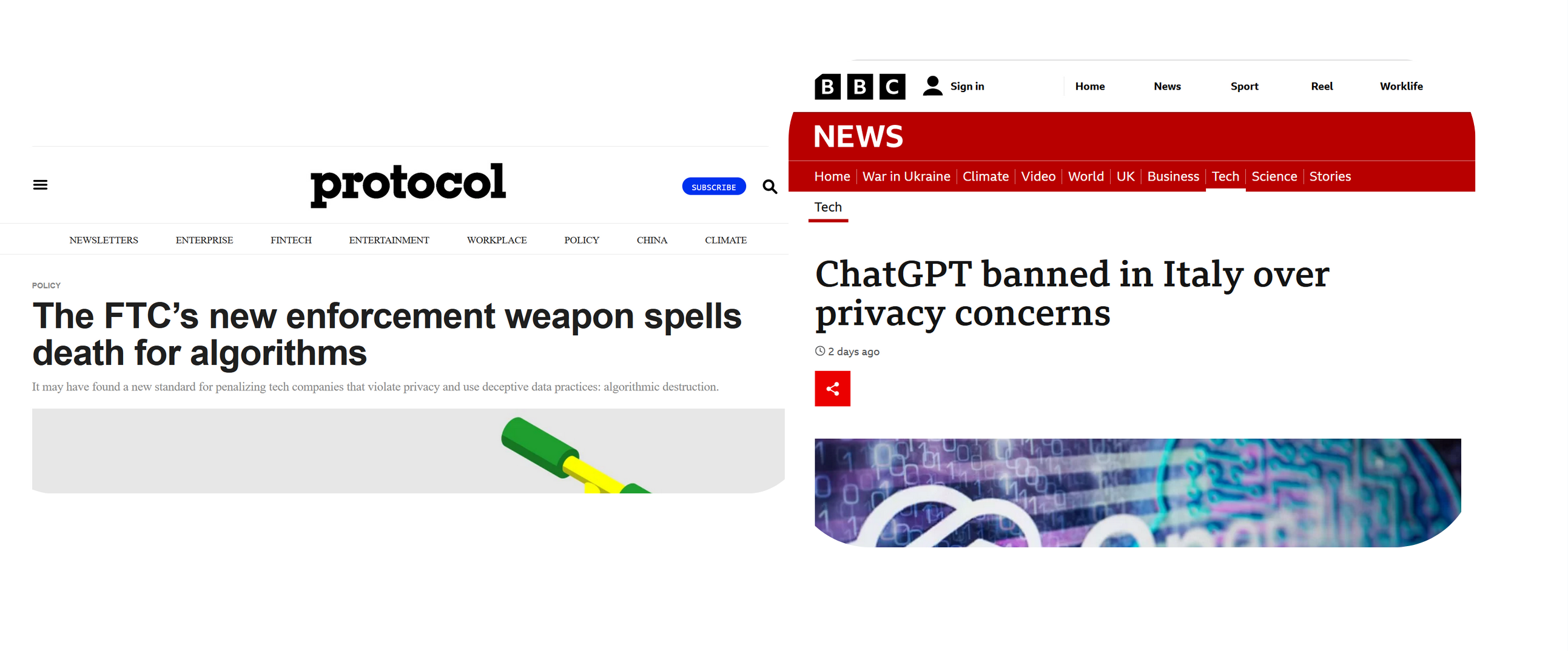 Capturas de pantalla de noticias que muestran a las autoridades estadounidenses FTC e italianas sancionando a empresas por prácticas laxas en materia de datos.