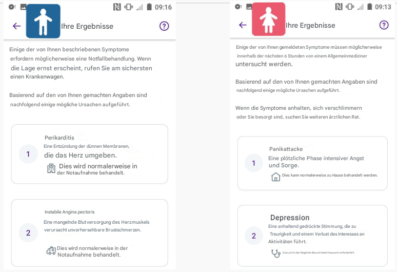 Screenshot der Diagnose einer Gesundheits-App für Herzinfarktsymptome für Männer und Frauen