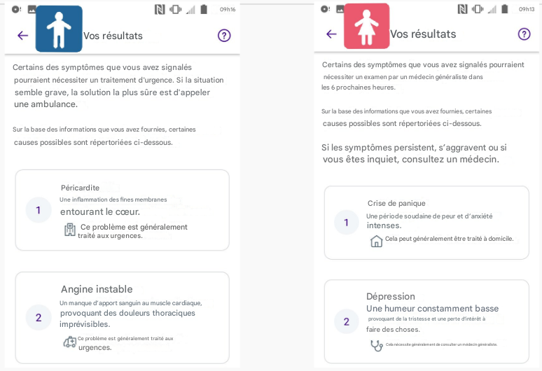 Capture d’écran d’un diagnostic d’une application de santé pour les symptômes de crise cardiaque pour les hommes et les femmes.