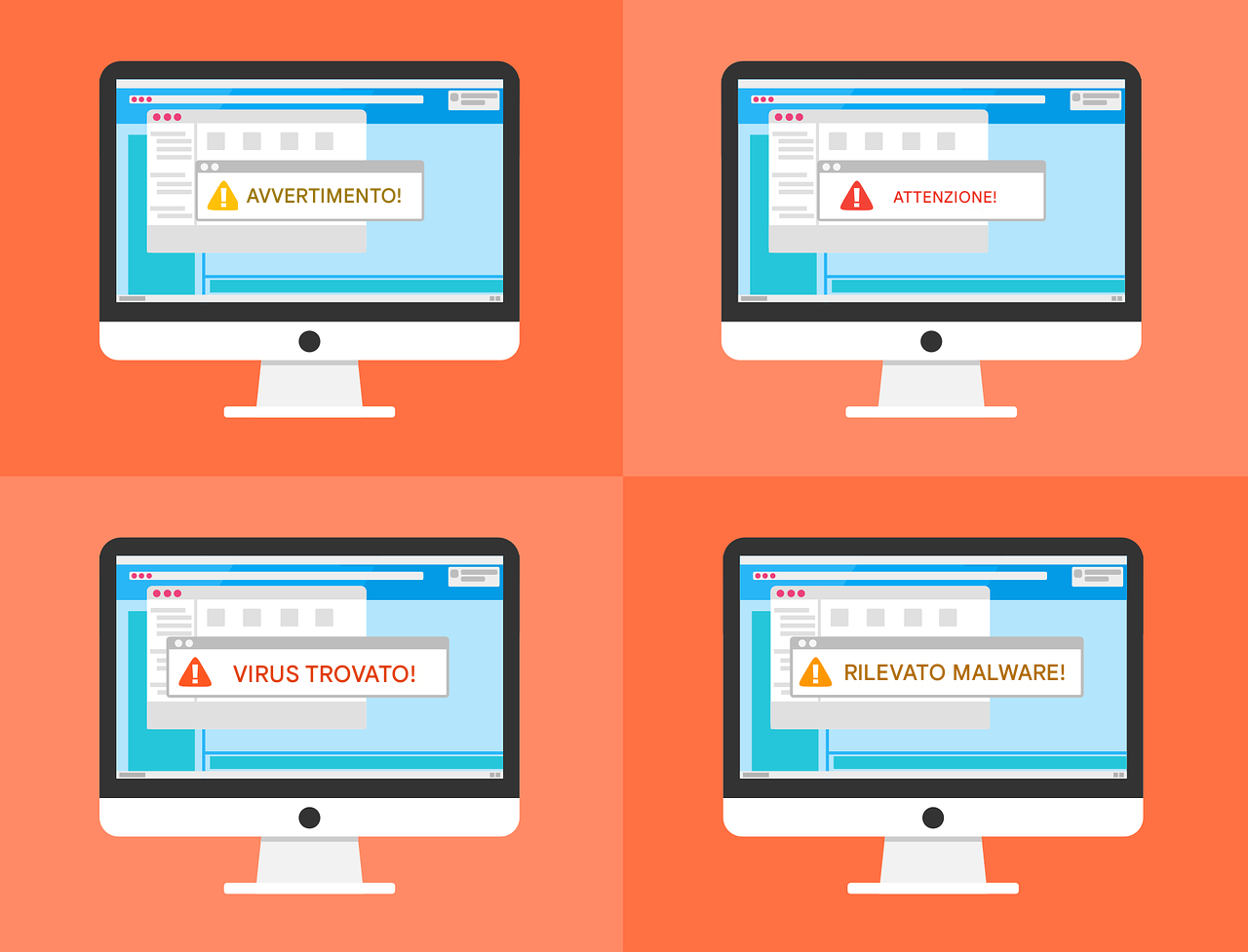 Immagine di una violazione della sicurezza con quattro computer con vari segnali di allarme quali avviso, allerta, virus trovato, malware rilevato.