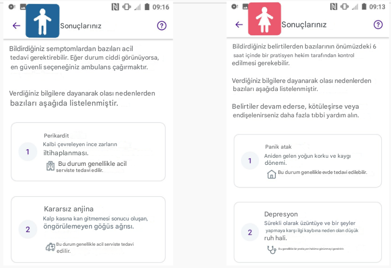 Erkekler ve kadınlar için kalp krizi semptomlarına yönelik bir sağlık uygulamasının tanı ekran görüntüsü