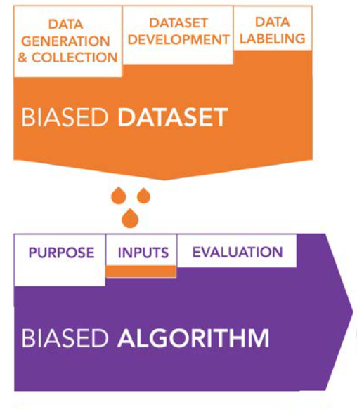 Illustration of data biases at different stages of data life cycle feeding into biased algorithms