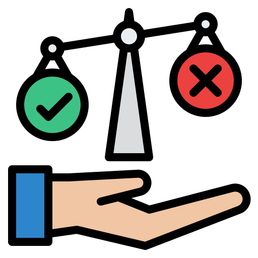 Illustration der Hand einer Person, die richtige und falsche Entscheidungen abwägt