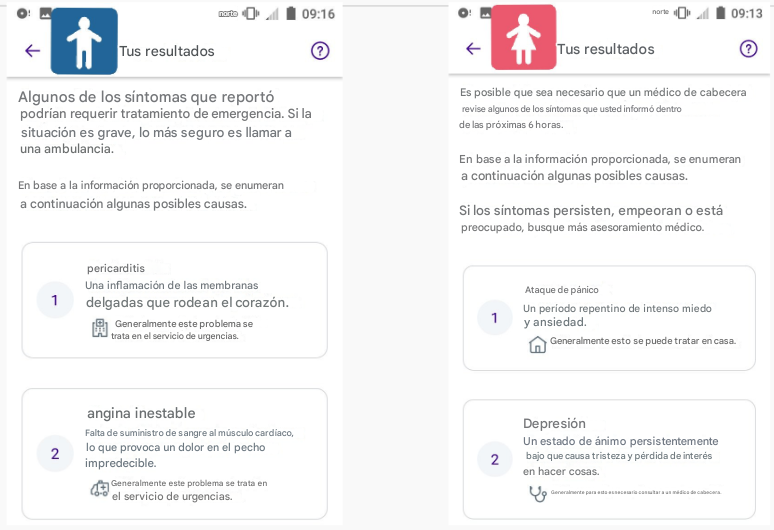 Captura de pantalla de un diagnóstico de una aplicación sanitaria sobre síntomas de infarto para hombres y mujeres.