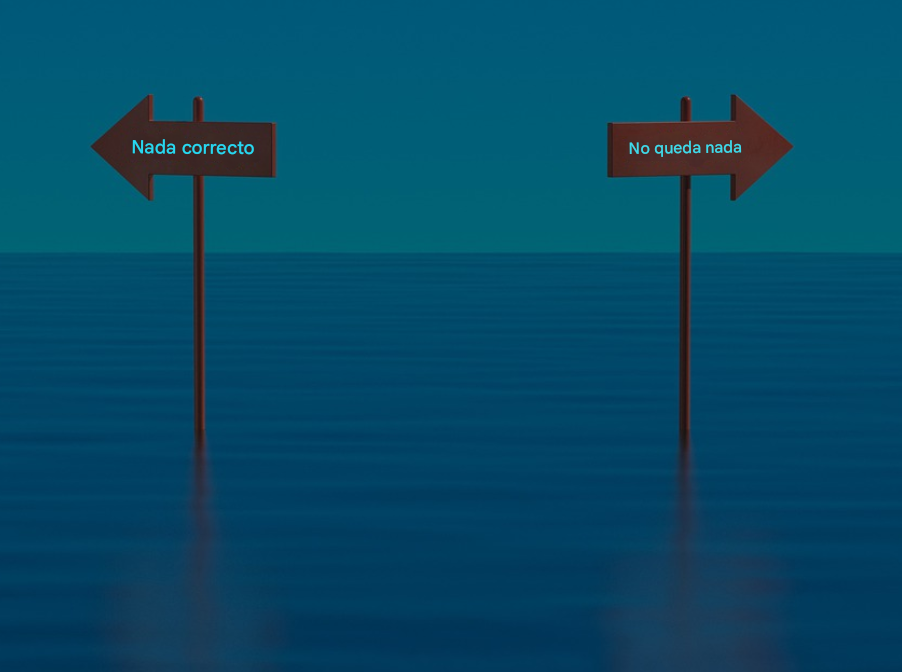 Ilustración de dos carteles opuestos en un océano que representan la complejidad de la toma de decisiones éticas, no se requiere atribución.