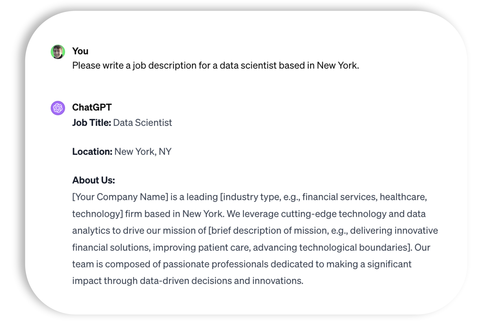Prompt and response of a job description for a data scientist.